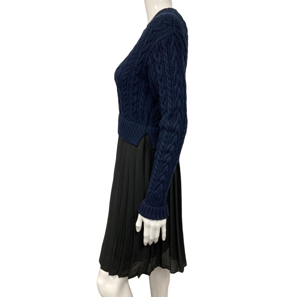 KENZO Blue Black Wool Cable Knit Layered Mixed Media Pleated Crepe Dress Size XS - Picture 3 of 6